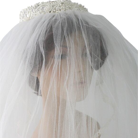 Vintage 70s Bridal Veil Pearl Lace Wedding Headpiece Double Layer main image 6